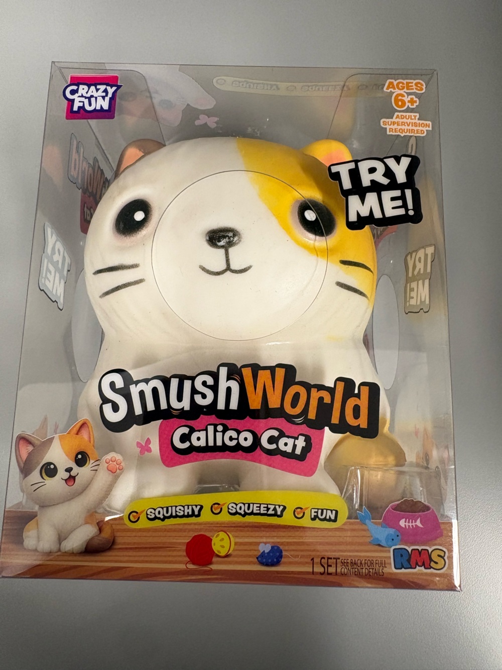 Crazy Fun VIRAL SmushWorld Calico Cat Squishy Toy - White & Yellow - NEW